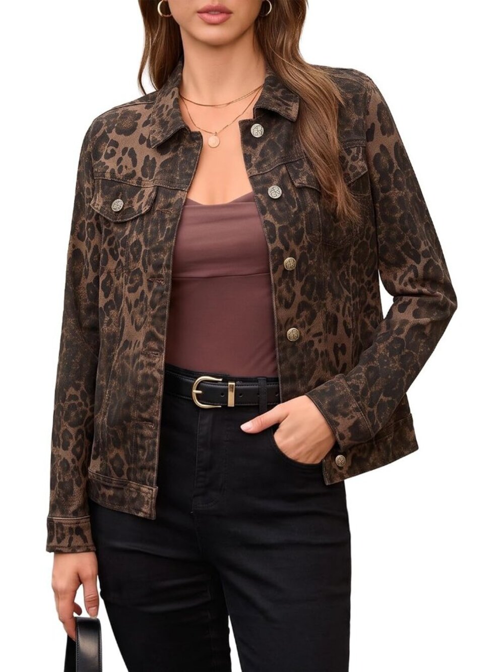 Women's Brown Leopard Print Denim Jean Jacket Western Casual Trucker Coat